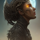 Digital artwork: Woman in ornate helmet and armor with moon background