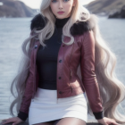 Blonde woman in pink fur coat and white skirt against snowy mountain