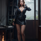 Person in Dimly Lit Room Wearing Black Leather Outfit and Heels