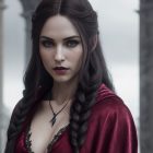 Woman with long braided hair in red velvet dress against misty backdrop