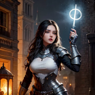 Medieval fantasy armor woman with glowing staff in dimly-lit alleyway