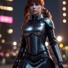 Red-haired woman in futuristic black armor on city night backdrop