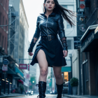 Woman in black leather dress and boots striding on wet city street with buildings and wind-blown hair