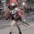 Pink-haired anime-style girl in futuristic outfit in rain-soaked urban setting with neon signs.