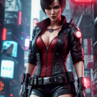 Digital artwork: Woman in futuristic black leather outfit in neon-lit cityscape