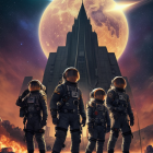 Astronauts in spacesuits at gothic alien structure under starry sky