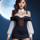 Woman in stylized outfit with full moon backdrop: gothic fantasy theme