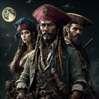 Detailed Costumed Pirates Under Full Moon with Intense Expressions