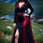 Woman in Red and Black Dress in Mountain Landscape