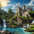 Fairytale castle on rocky cliffs with waterfalls and blue pool