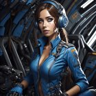 Brown-haired woman in blue jumpsuit with headphones in futuristic scene