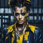 Dramatic pose with yellow and black makeup, intricate hairstyle, and blue outfit