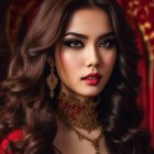 Woman in dramatic makeup and red dress with gold details and jewelry posing intensely