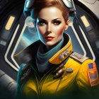 Futuristic digital artwork of a woman in pilot uniform with striking makeup