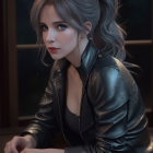 Silver-haired woman in black leather jacket with blue eyes on dark background