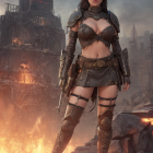 Female warrior in apocalyptic setting with ruins and fires