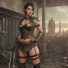 Female warrior in post-apocalyptic setting with armor and sword among ruins