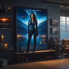 Futuristic outfit woman in dimly lit room with posters and hi-tech gadgets