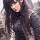 Dark-haired woman in stylish brown and black outfit with metallic details gazes at camera