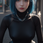 Blue-haired woman in black outfit against urban backdrop