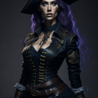 Purple-haired woman in pirate captain attire on dark backdrop