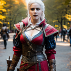 White-haired figure in medieval fantasy armor in autumnal park