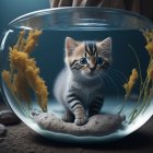 Striped kitten in glass bowl with yellow flowers and pebbles