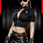 Stylized woman in black outfit on red and black background