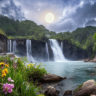 Tranquil moonlit waterfall in lush greenery with vibrant flowers