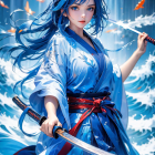 Woman in blue floral kimono wields katana in surreal water setting