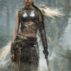 Fantasy warrior woman in metallic bra and fur accents in misty forest