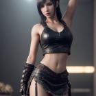 3D-rendered female character in black outfit holding sword