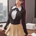 Purple-haired female character in black and white outfit at office desk.