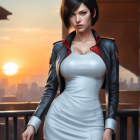 Short-haired woman in white dress and leather jacket on balcony at sunset with handbag