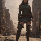 Medieval armor-clad woman in war-torn city street.