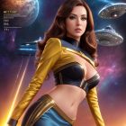 Futuristic woman in yellow and black uniform with celestial backdrop