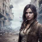 Determined woman in distressed brown jacket in war-torn urban landscape