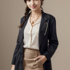 Professional woman in black blazer, cream blouse, beige skirt, gold necklace, posing in studio.