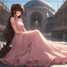 Long-haired girl in blush pink gown amid cherry blossoms and classical architecture.