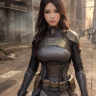 Futuristic armor woman with gun in dystopian cityscape