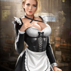 Digital artwork: Woman in maid costume, black dress, white apron, lace details, urban background