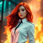 Vibrant red hair woman in white blouse and green pants on fiery orange backdrop