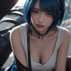 Woman with Blue Hair and Winged Back Piece in Dramatic Pose