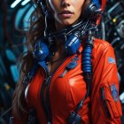 Futuristic woman in orange suit with blue helmet and tech backdrop