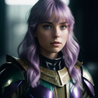 Lilac-haired figure in green and gold armor with striking eyes in dimly lit setting