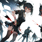 Anime-style illustration: Female warrior in combat with soldiers and dark monster