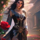 Ethereal woman in ornate medieval armor in sunlit garden