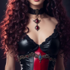 Curly brown hair woman in black and red corset with blue eyes.