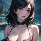 Illustrated female in black outfit by serene lake and mountains