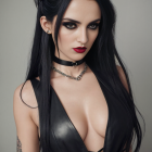 Dark-haired woman in red lipstick and black outfit with choker and tattoo.